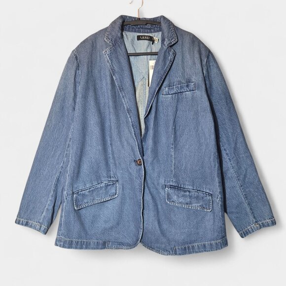 Lauren Ralph Lauren Plus Size One-Button Denim Blazer City Blue Wash Y2K NWT - Picture 2 of 14